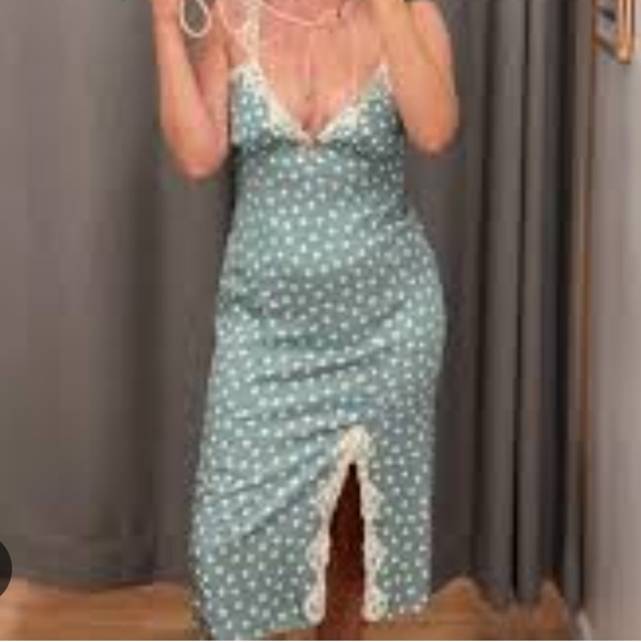 Rouje Dresses & Skirts - Rouje Paris Ramonata Teal Polka Dot Lace Chemise Slip Dress 12